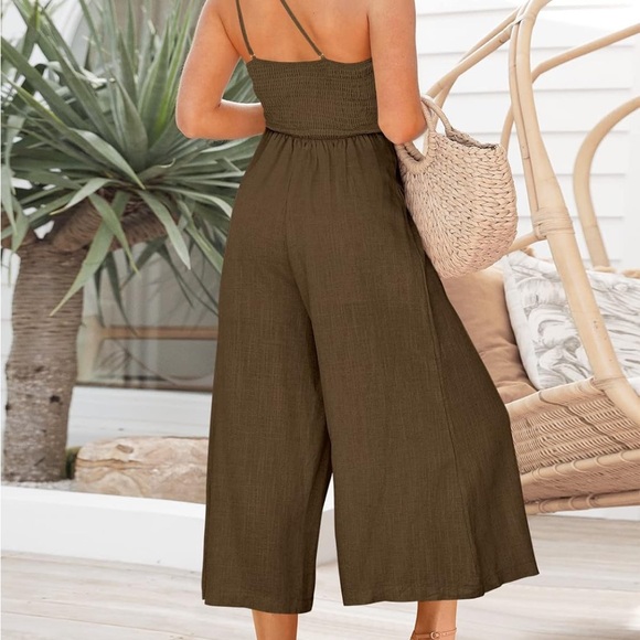 One Shoulder High Waist Casual Wide Leg Linen Jumpsuit Romper w Pockets - Picture 2 of 3